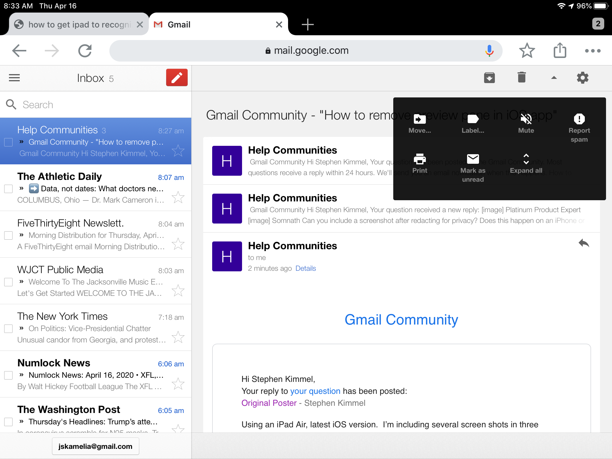How to remove preview pane in ios app gmail community