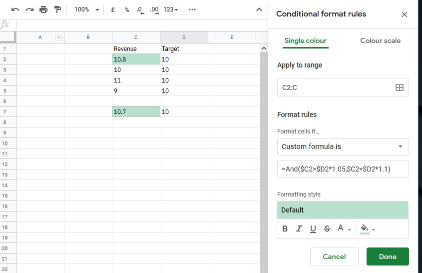 Conditional formatting based on a percentage from another cell - Google ...