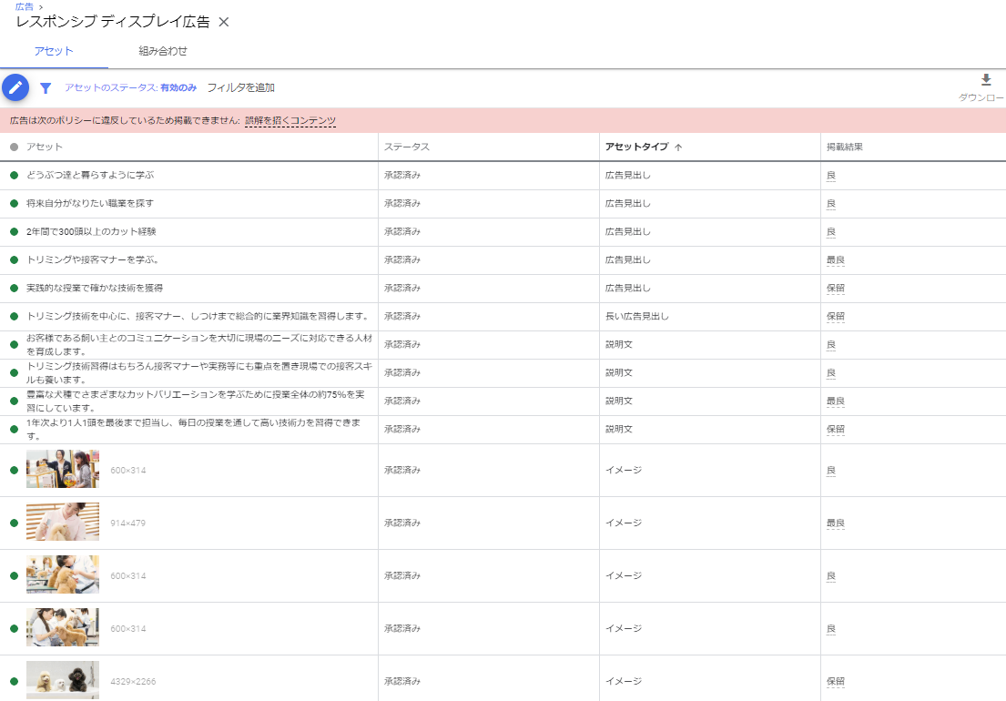 広告の不承認通知が来るが 全てステータスが 承認済 でどの部分で引っかかっているのかわからない Google 広告 コミュニティ