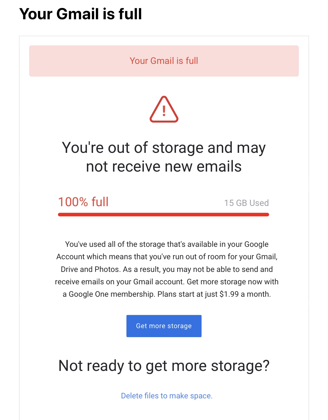 Why does Google One keep telling me I'm out of storage? Am using 