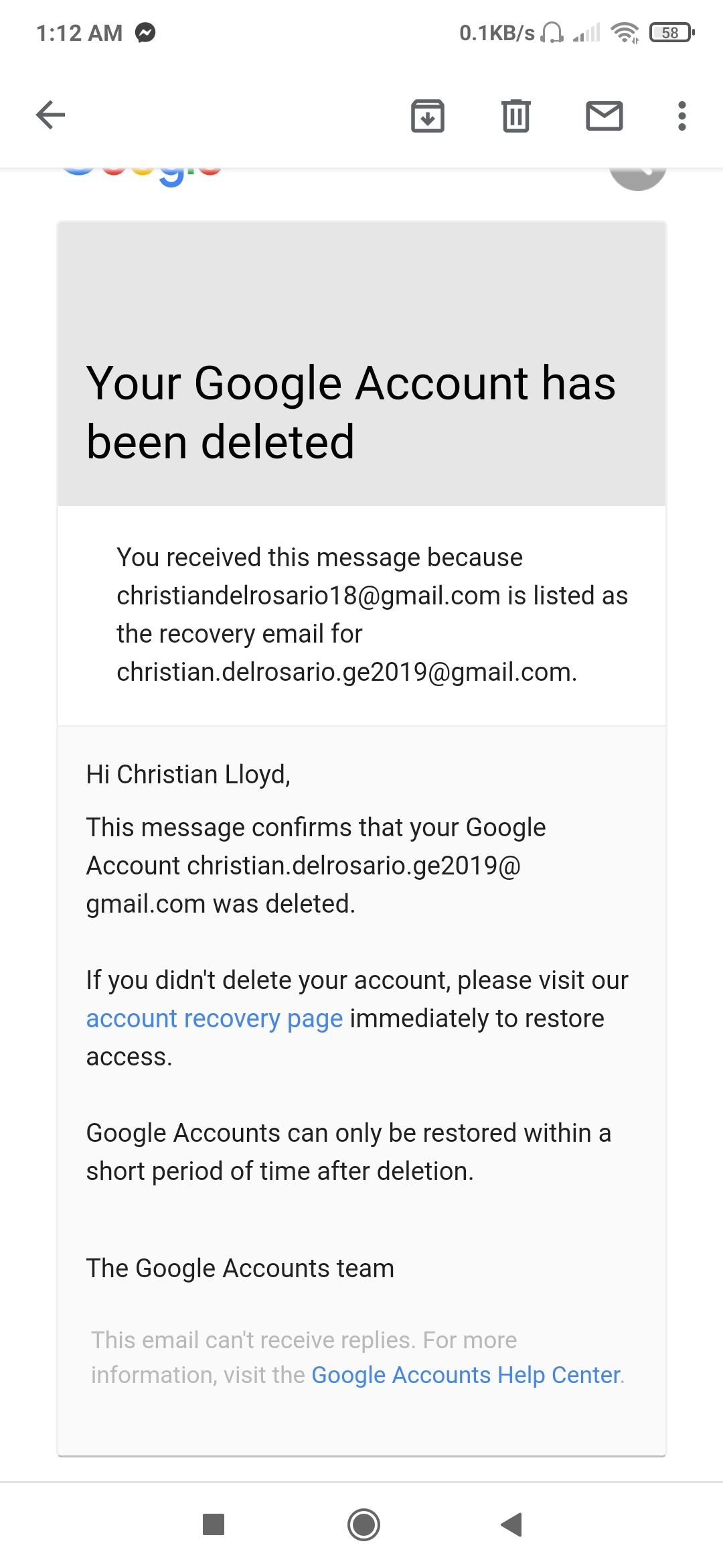 Does Google account delete instantly?