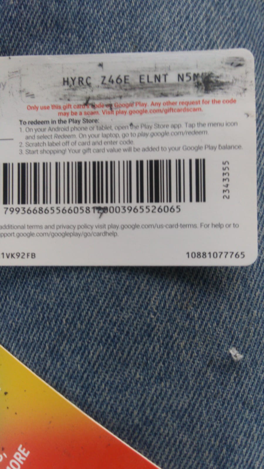 I pill off the code on my google play gift card - Google Play