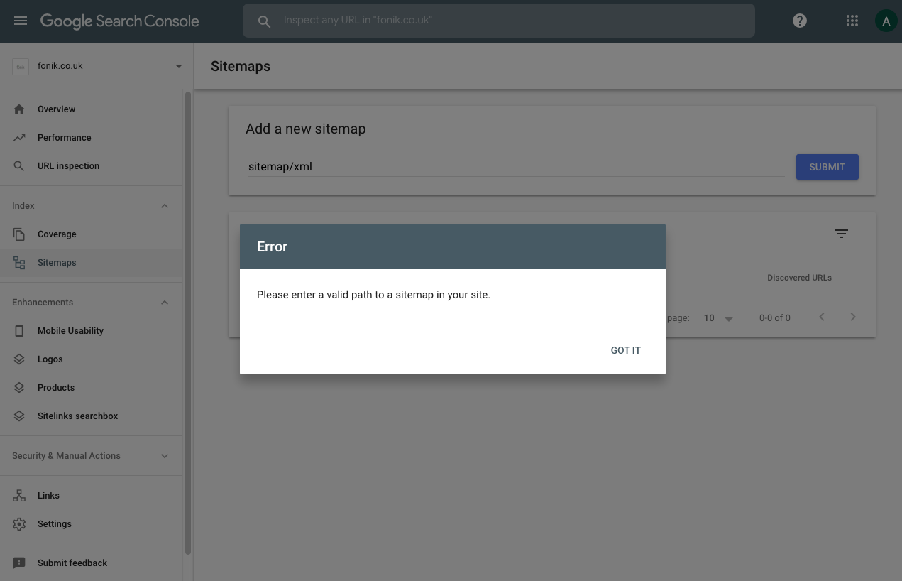 Google search console error calling get 404. Submit URL. How to add a New user to Google search Console?. Google Console Policy status. Sitemap URLS.