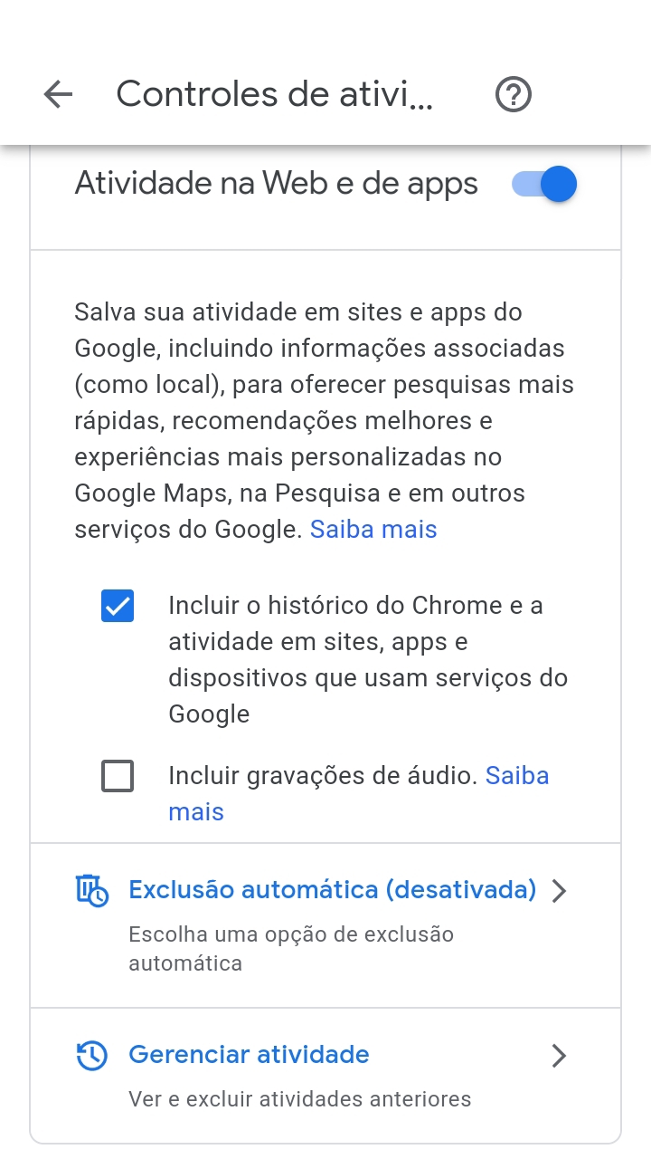 Gerencie pesquisa, localização e  no 'Histórico da Conta