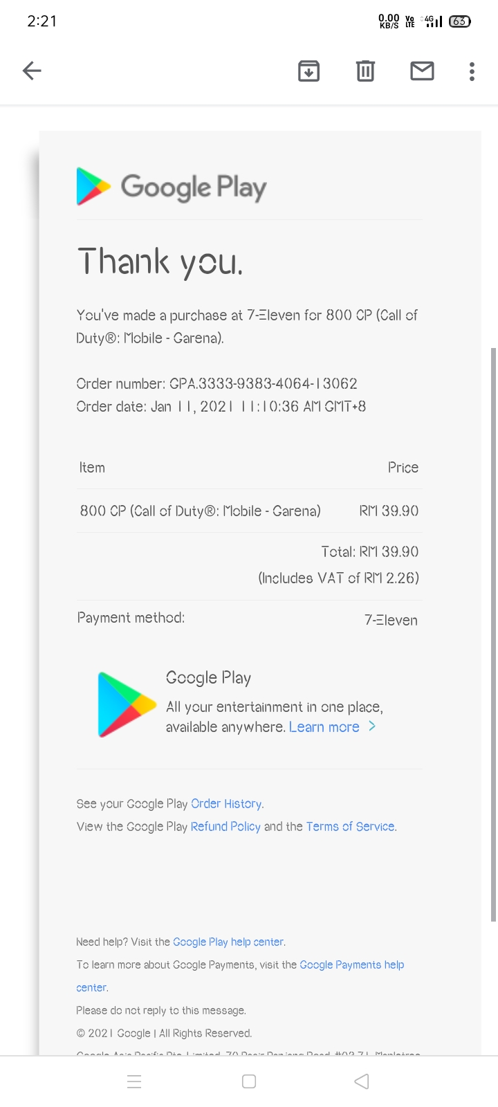 I bought 800 CP from 7-Eleven, paid in cash, but after over 24hrs, still no  CP in my CODM dashboard - Google Play Community