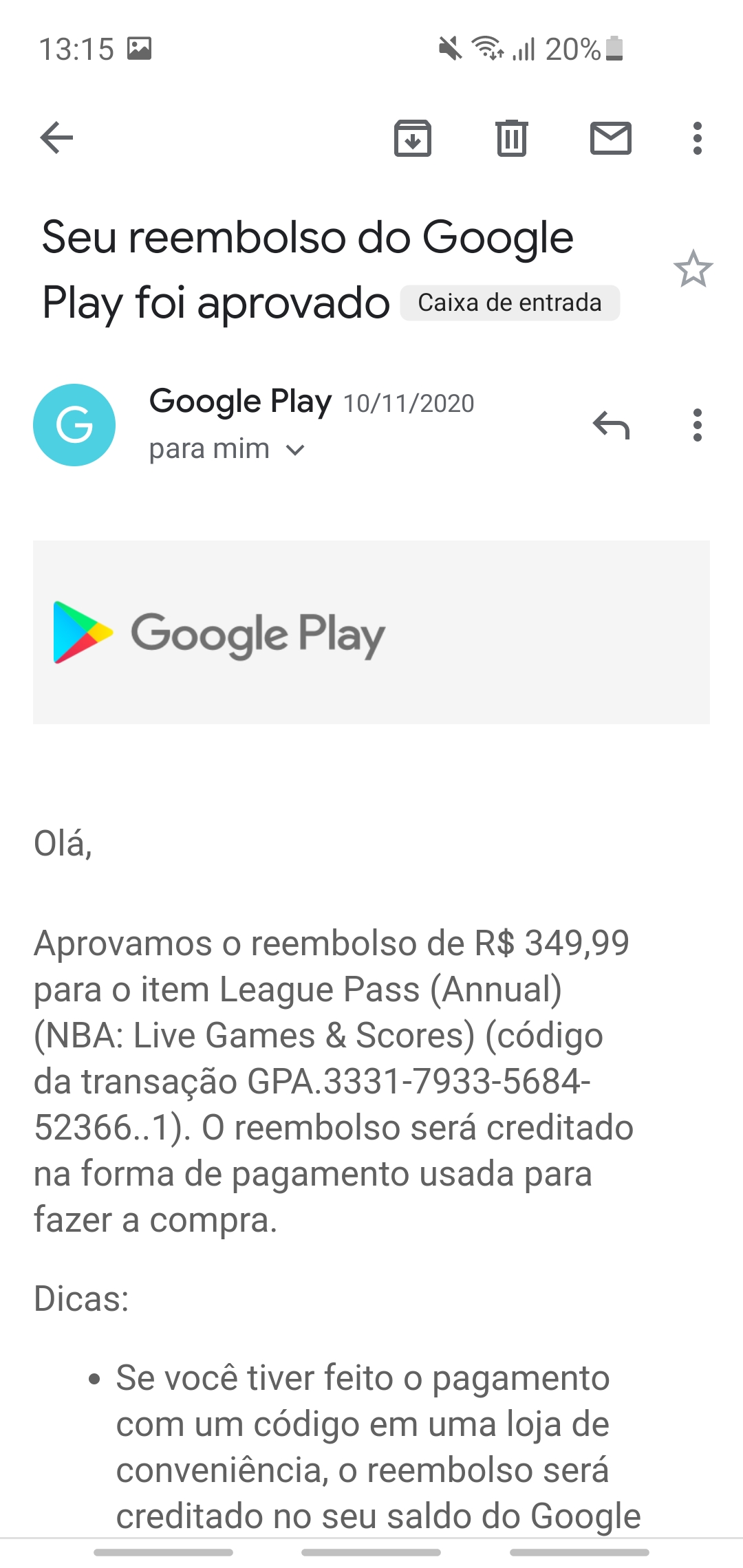 Reembolso do  prem - Comunidade Google Play