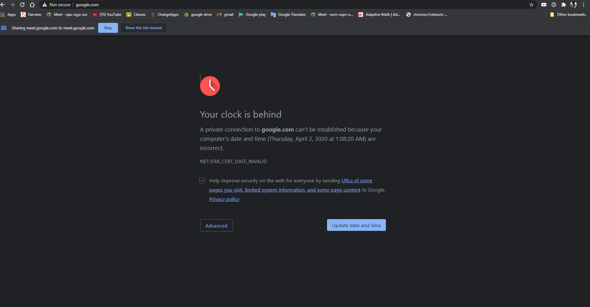 Your clock is behind NET::ERR_CERT_DATE_INVALID - Google Chrome Community