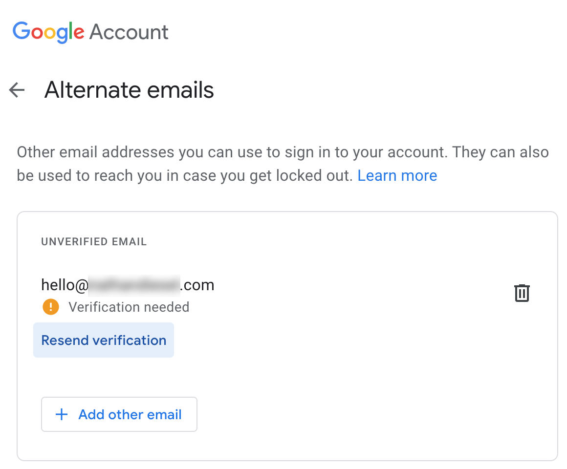 How do I verify an "alternate email" for my Google Account if Google