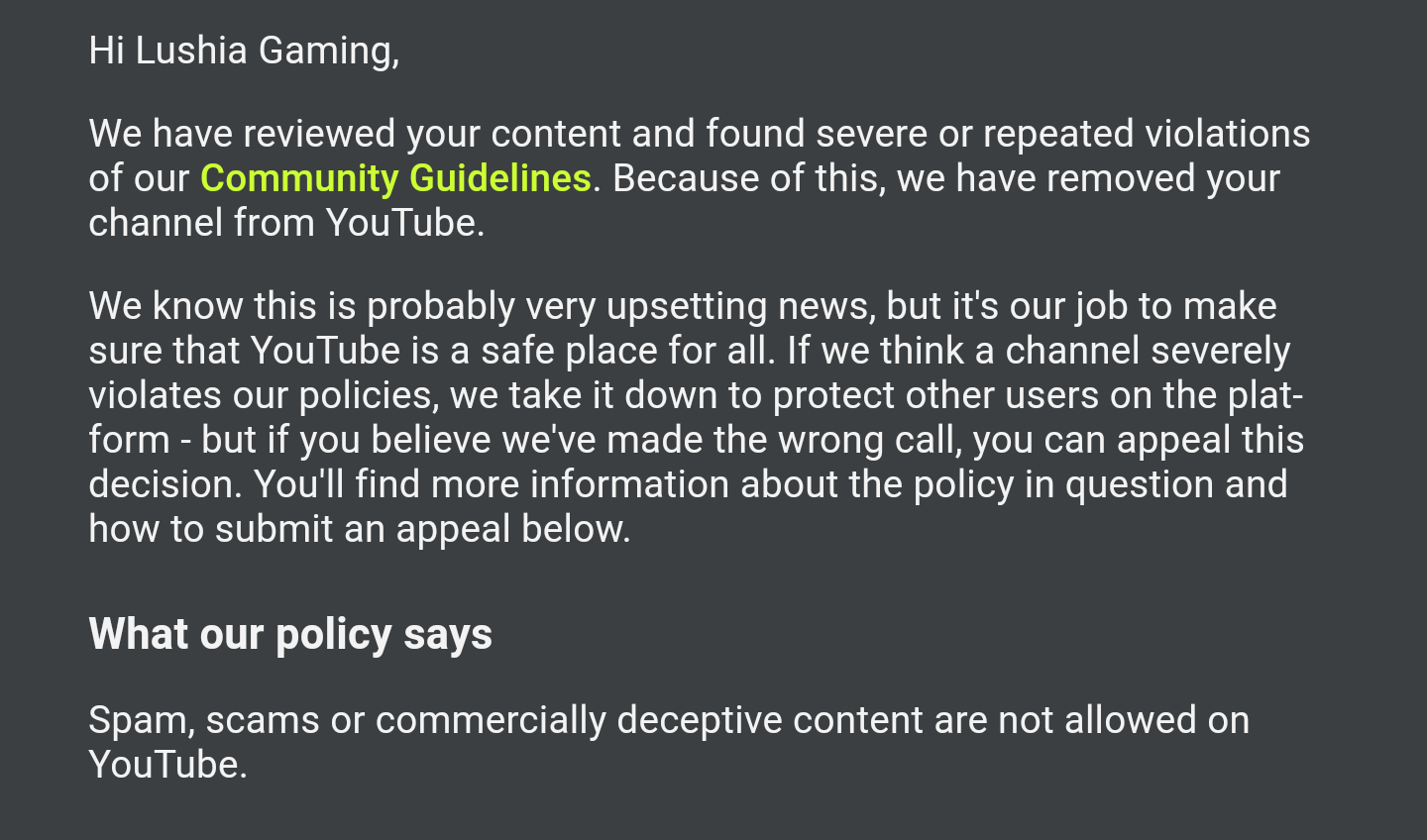 My small gaming channel was removed without warning, is it an error? YouTube,  I need human help. - YouTube Community