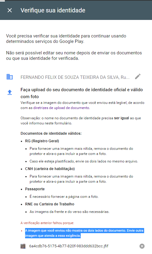 Não cnsg fazer upload dos doc ''A imagem que você enviou não