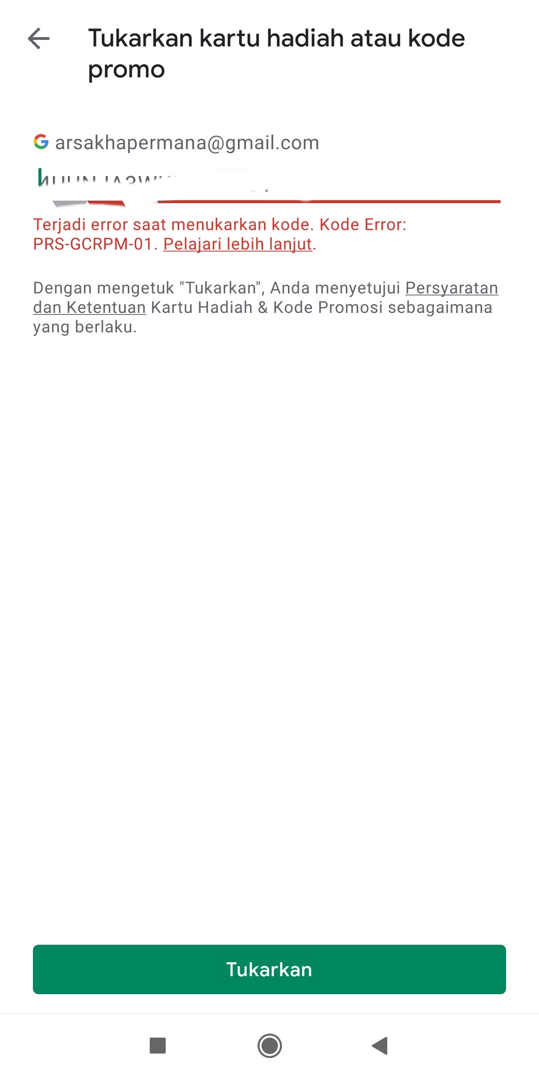Error redeeming code. Error Code: PRS-GCRPM-01. - Google Play Community
