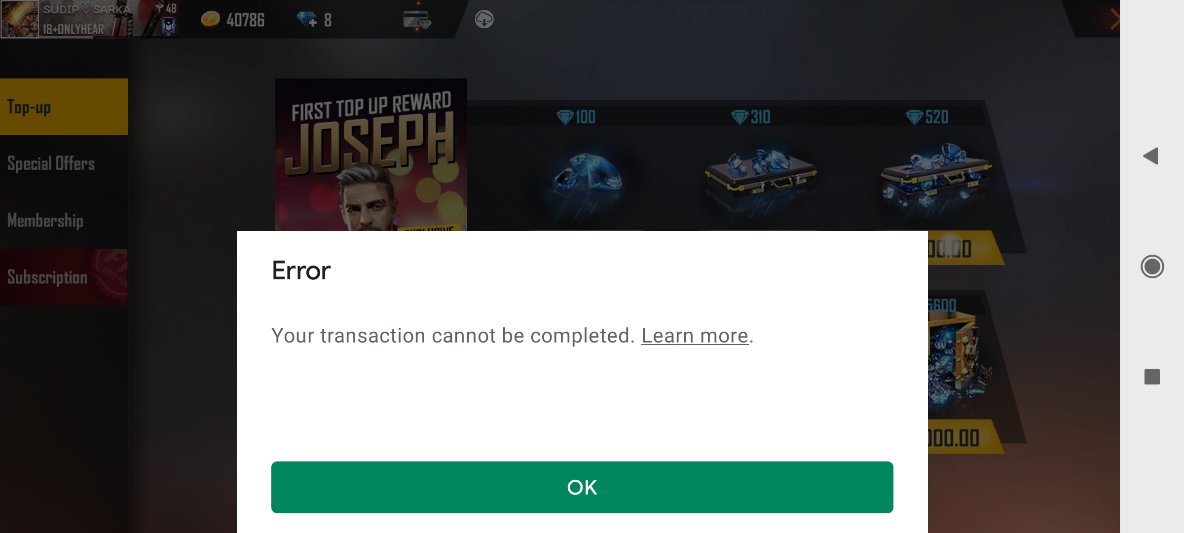 Free fire top up err transaction cannot completed - Google Play Community