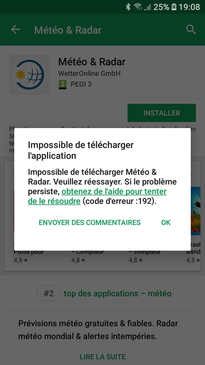 code erreur 192 google play