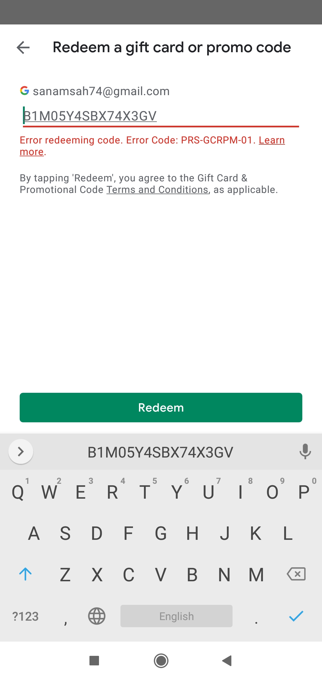 Error redeeming code. Error Code: PRS-GCRPM-01. - Google Play Community