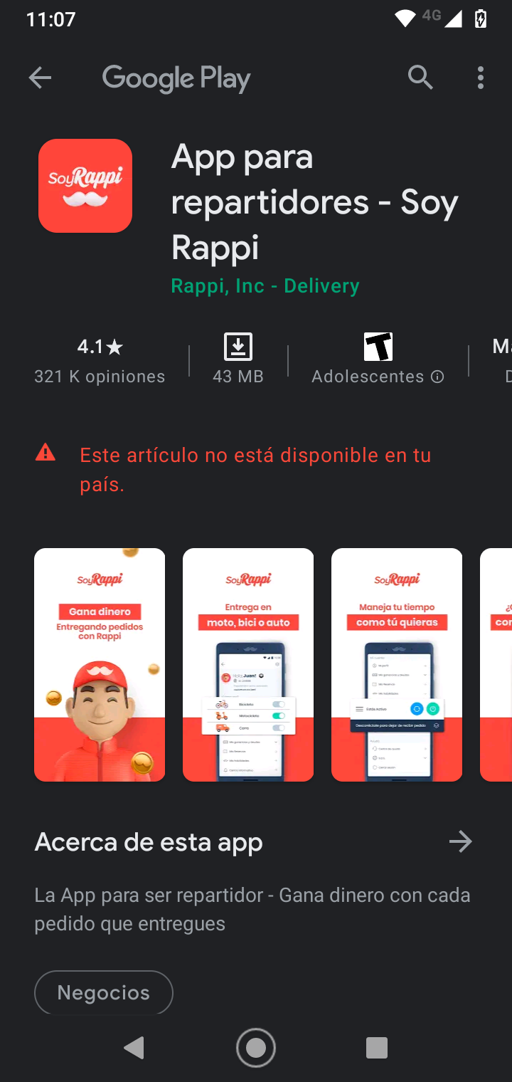 No me deja descargar la aplicación sea para trabajar en Rappi - Comunidad  de Google Play