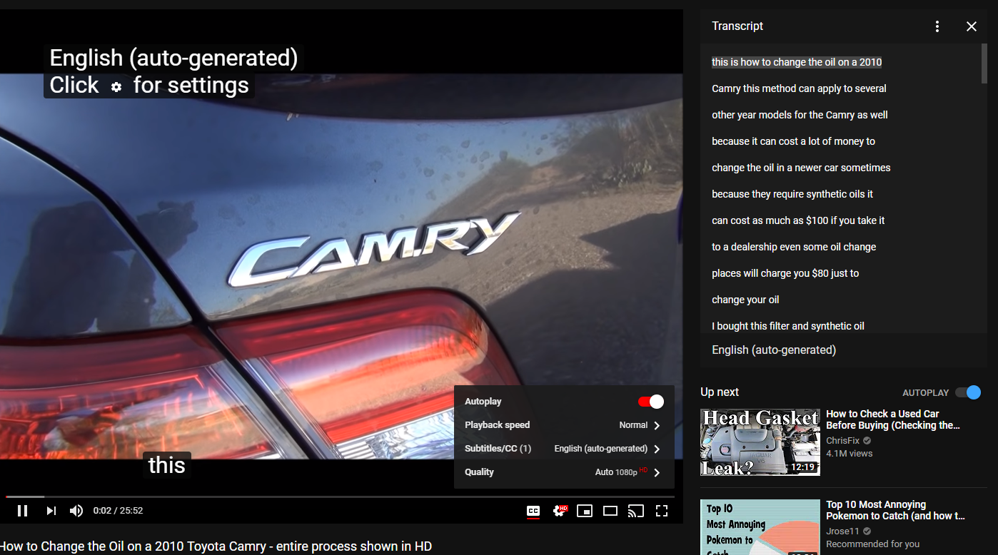 youtube auto generated captions