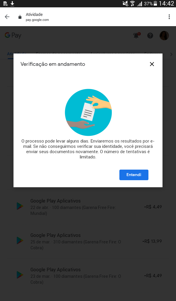 Eu fiz uma assinatura da Google Play 8 99 do free Fire para uma conta e  acabou caindo na outra conta - Comunidade Google Play