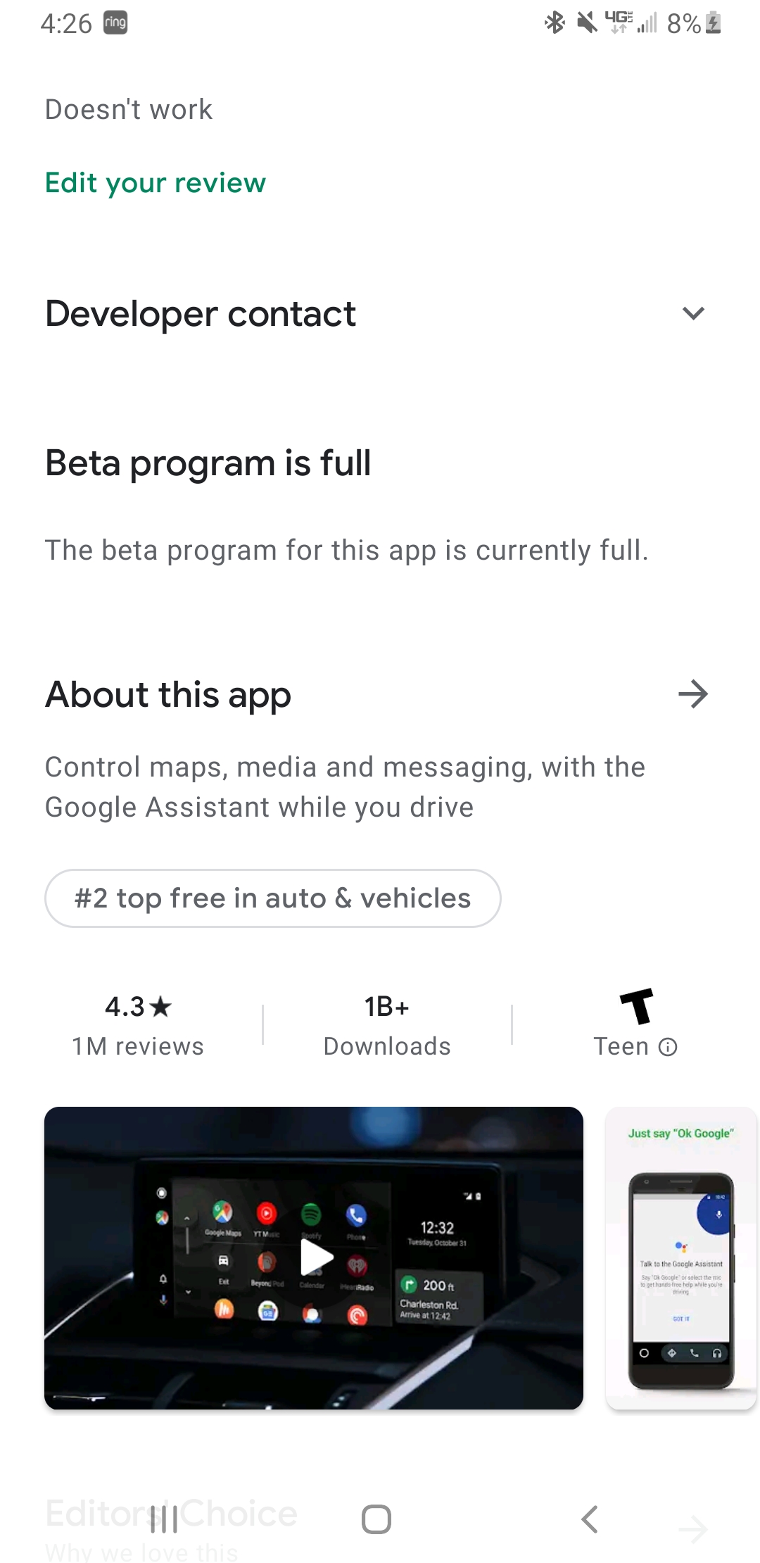 Android auto doesnt work or give me an icon says on app page "beta