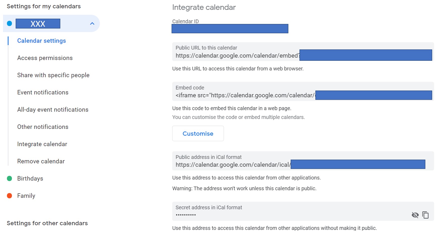 No option for secret iCal address for integration to Outlook Google