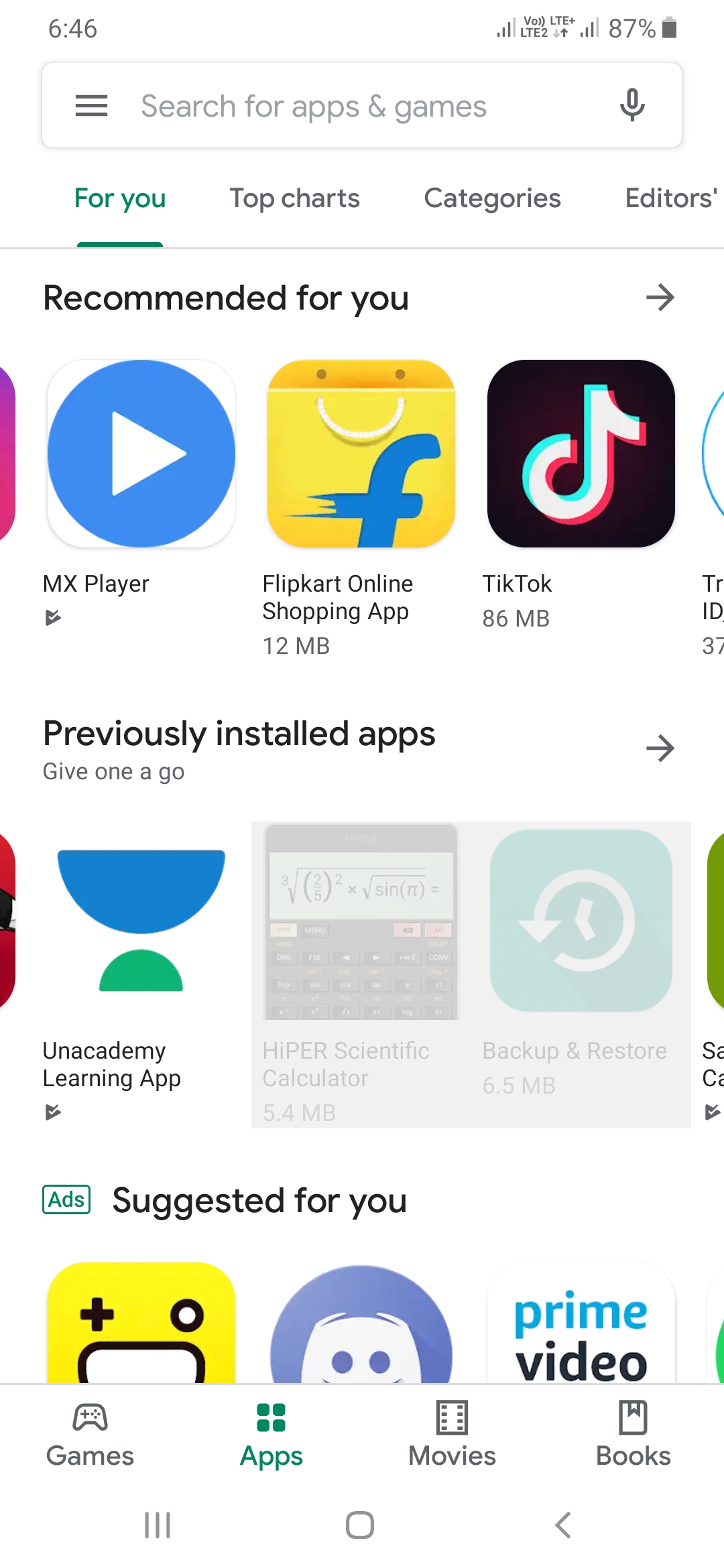 google play store previously installed apps