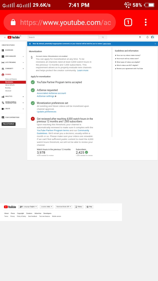 Youtube dashboard setting