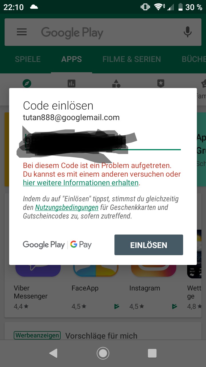 die Googleplay über Abend www.guthaben.de Play-Community Aufladen gekauft. Google funktioniert! hat nicht habe gestern Ich -