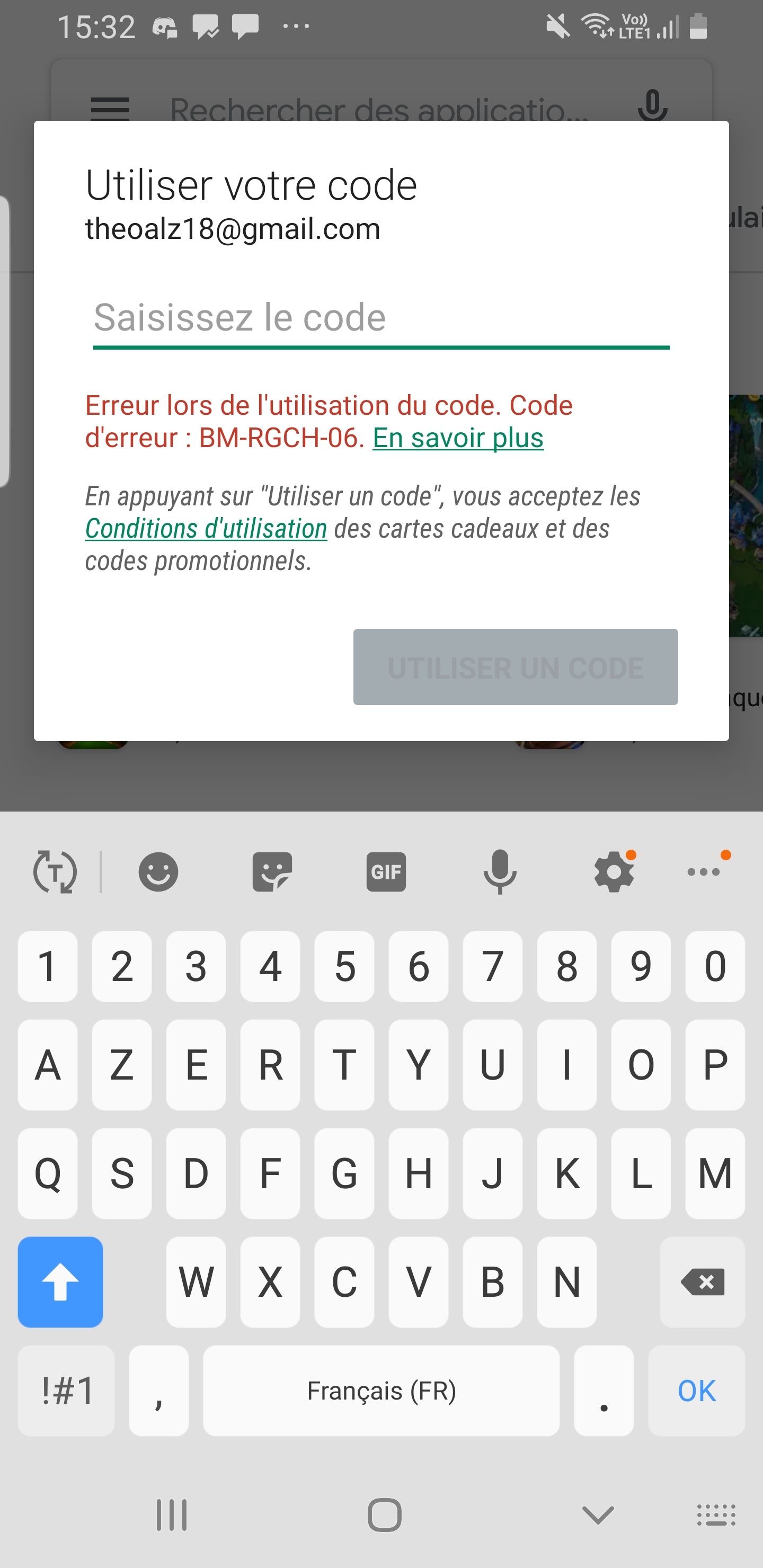 code de carte google play Bonjour je vien dacheter 4 carte google play de 15€ chacune et jai 