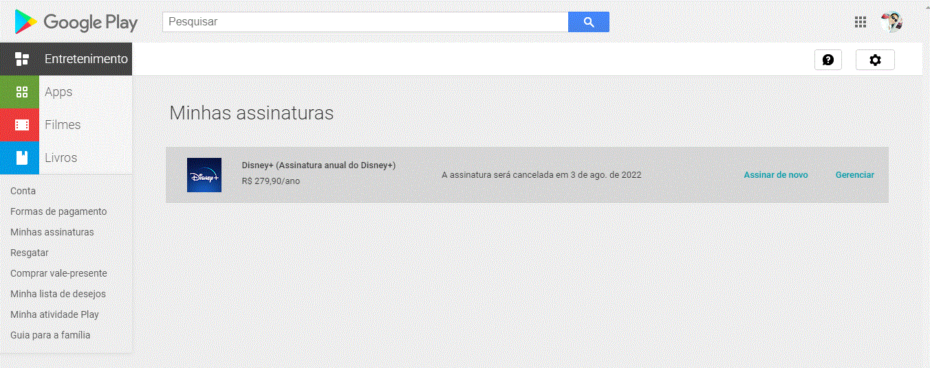 Bom dia, fiz uma compra errada no Disney + ao vez de ser plano mensal  acabei comprando anual. - Comunidade Google Play