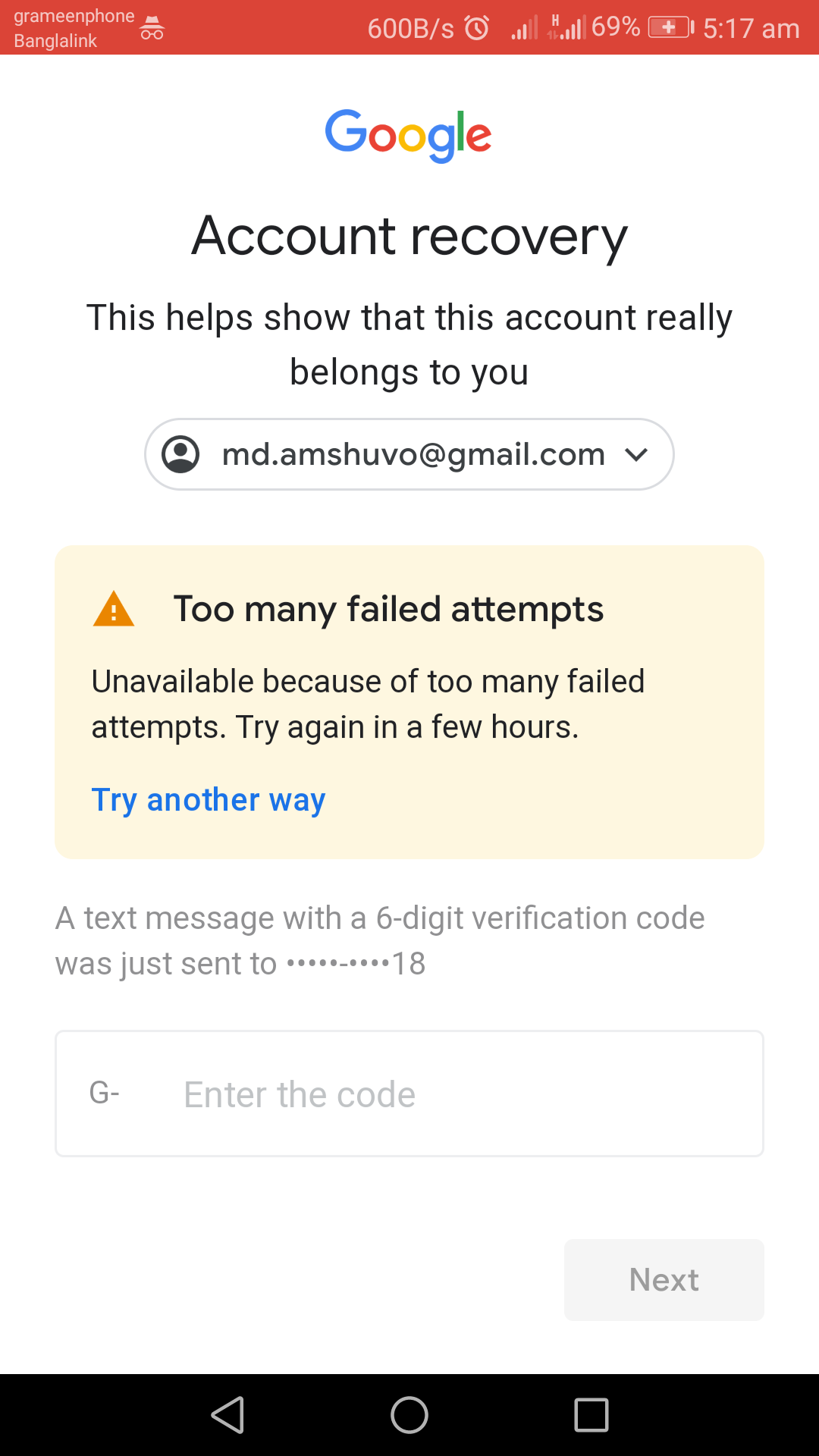 too many failed attempts gmail try again in a few hours