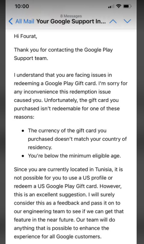 gift card purchased from  - Google Play Community