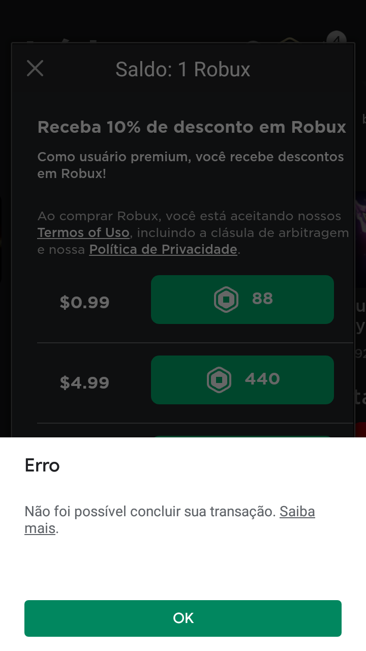 Estou tentando comprar Robux no Roblox e fala ERRO falha na transição -  Comunidade Google Play