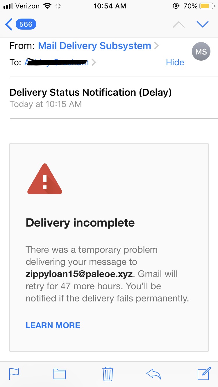 I am receiving Mail Delivery Subsystem Failure Notifications in my Junk