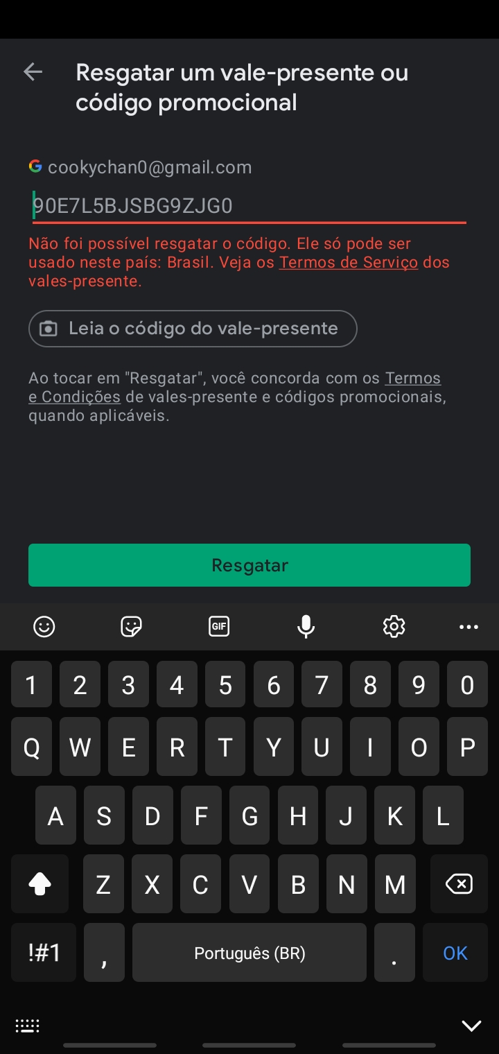 não consigo resgatar meu código vale presente na google play - Comunidade Google  Play