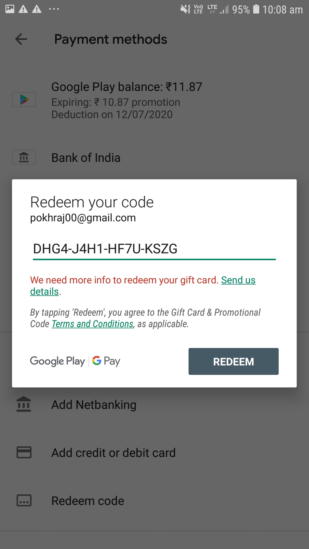 Redeem code not redeem - Google Play Community