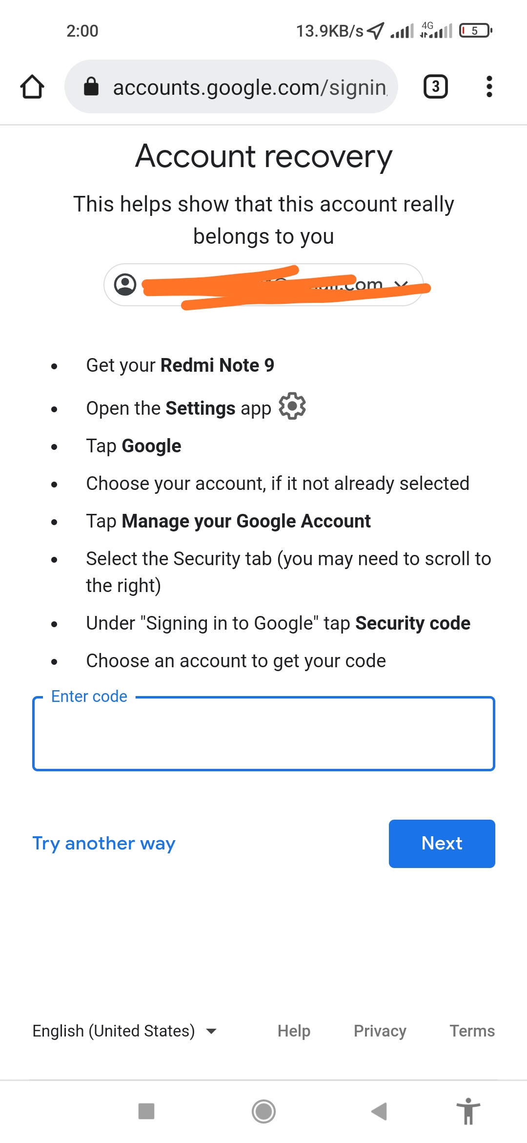 How do I recover my Gmail account with another number?