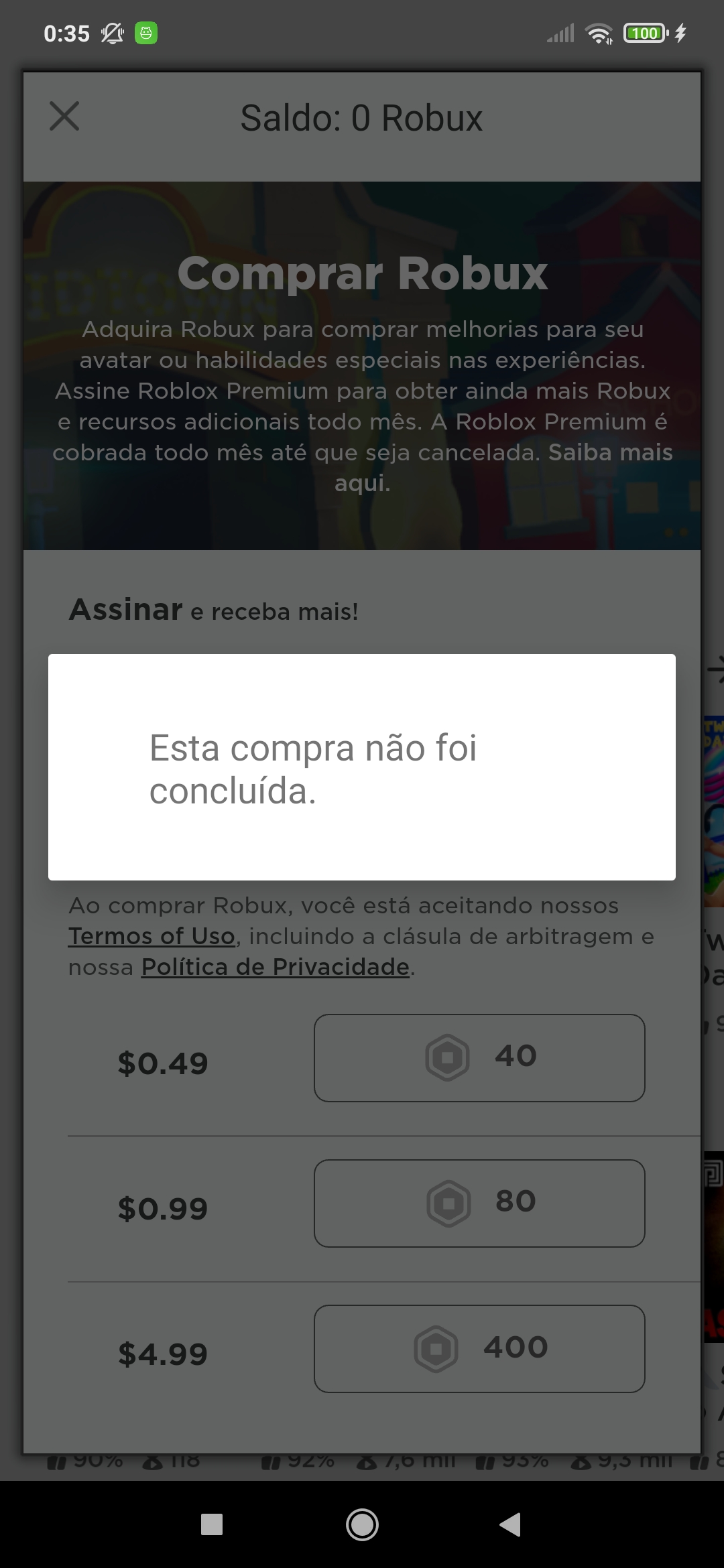 Comprar robux não aparece opção de pagamento,só mensagem compra não  realizada ,tenho saldo no play s - Comunidade Google Play