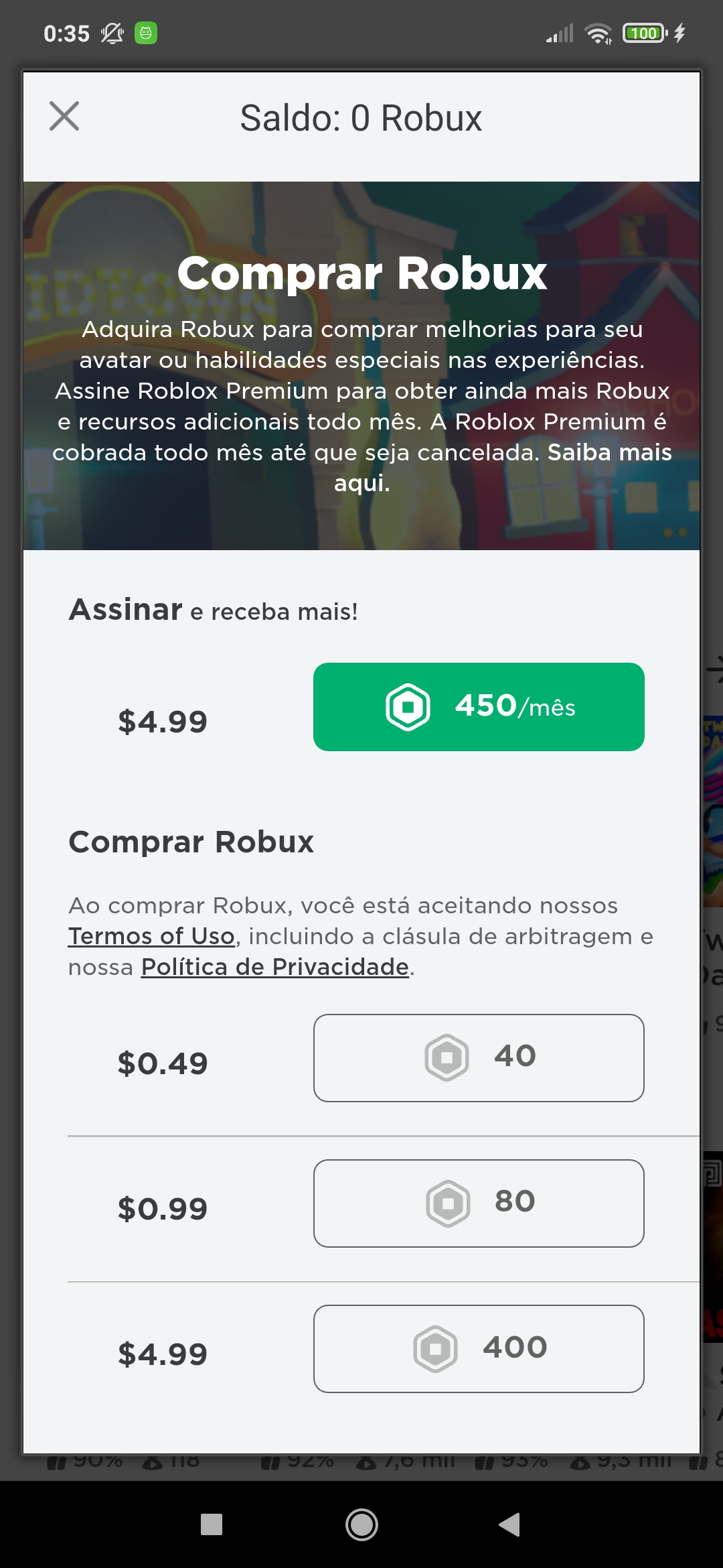 Comprar robux não aparece opção de pagamento,só mensagem compra