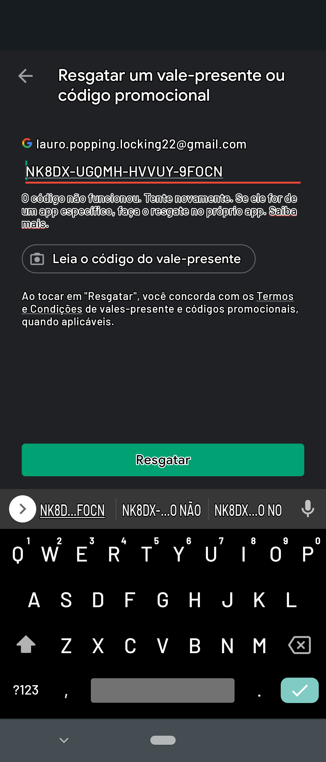 não consigo resgatar meu código vale presente na google play - Comunidade Google  Play