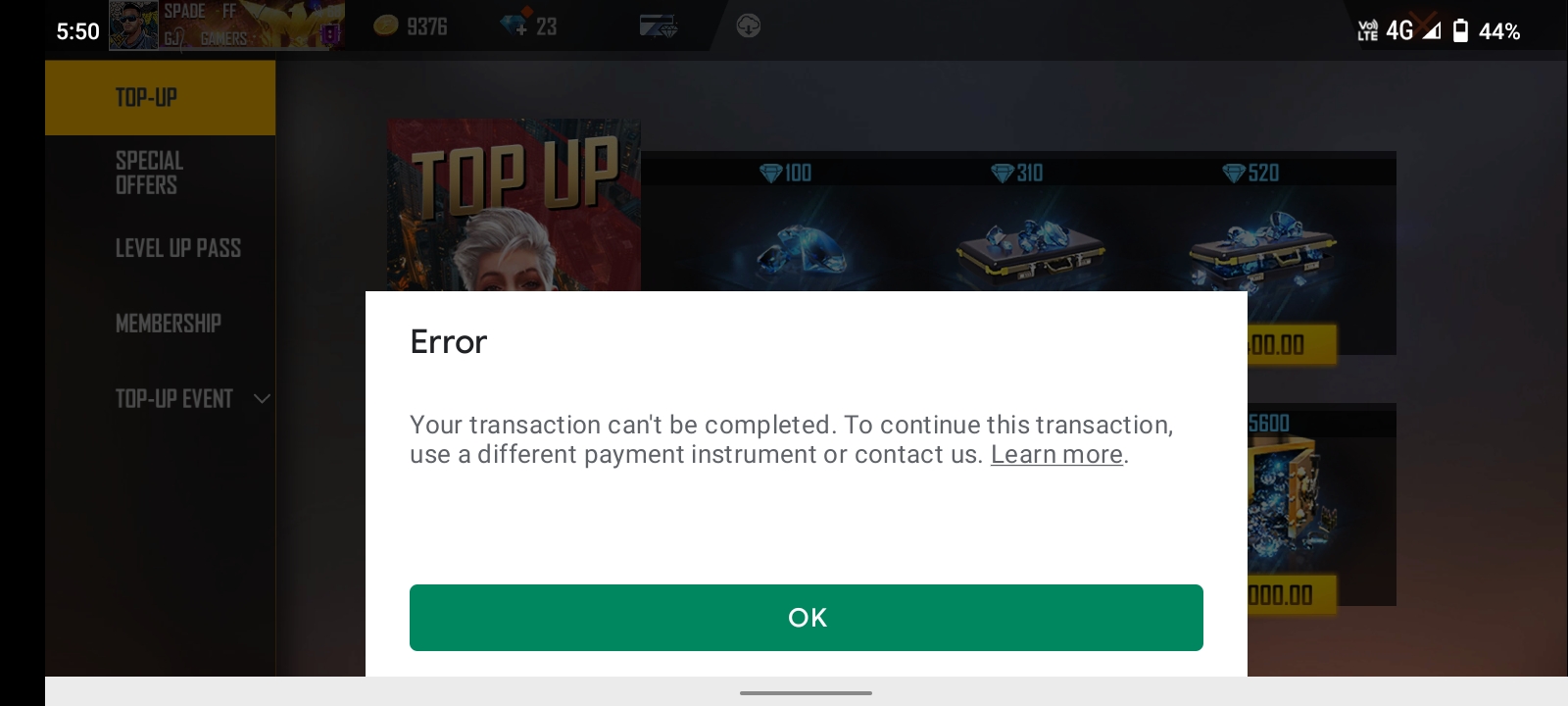 Free fire top up err transaction cannot completed - Google Play Community