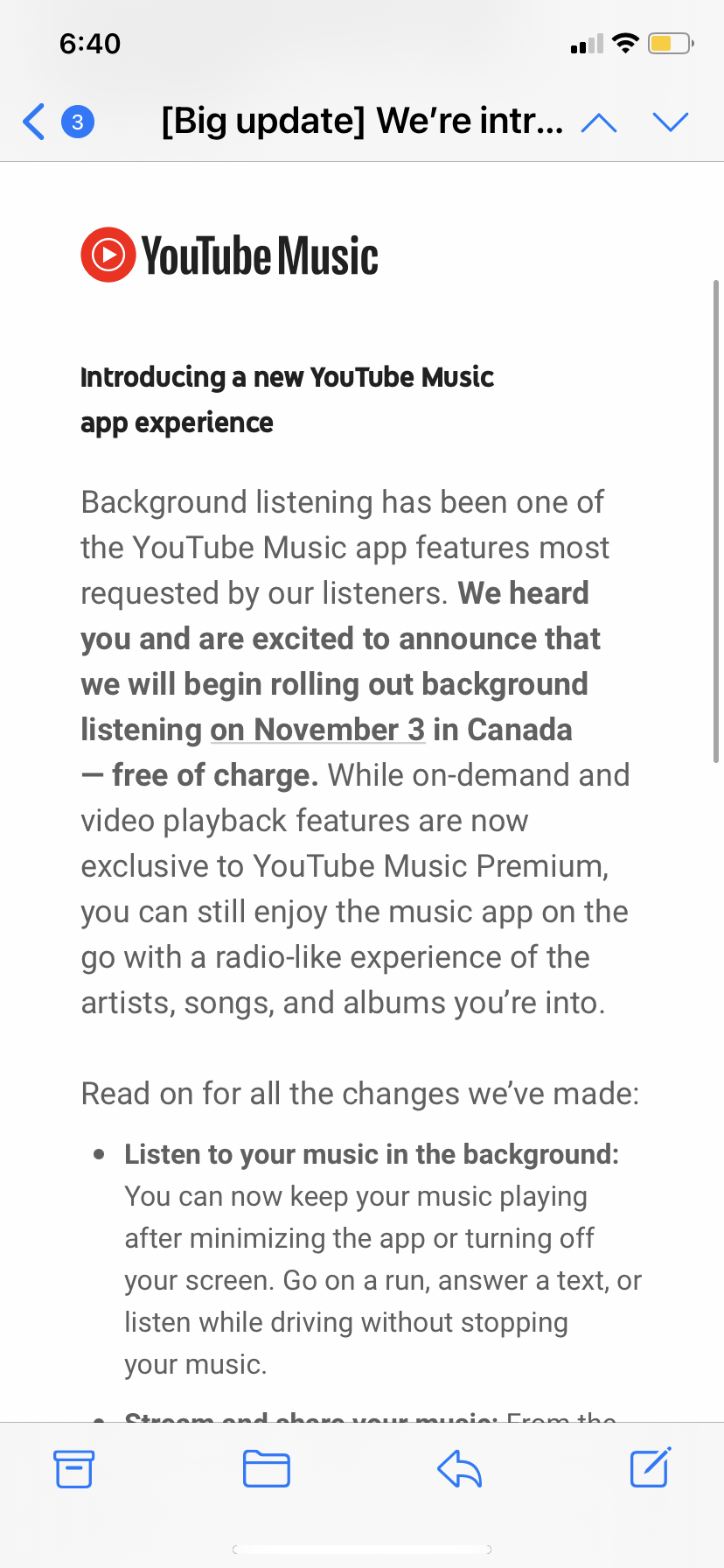I received an email saying background listening is now free of charge as of  Nov 3. It's not working? - YouTube Music Community