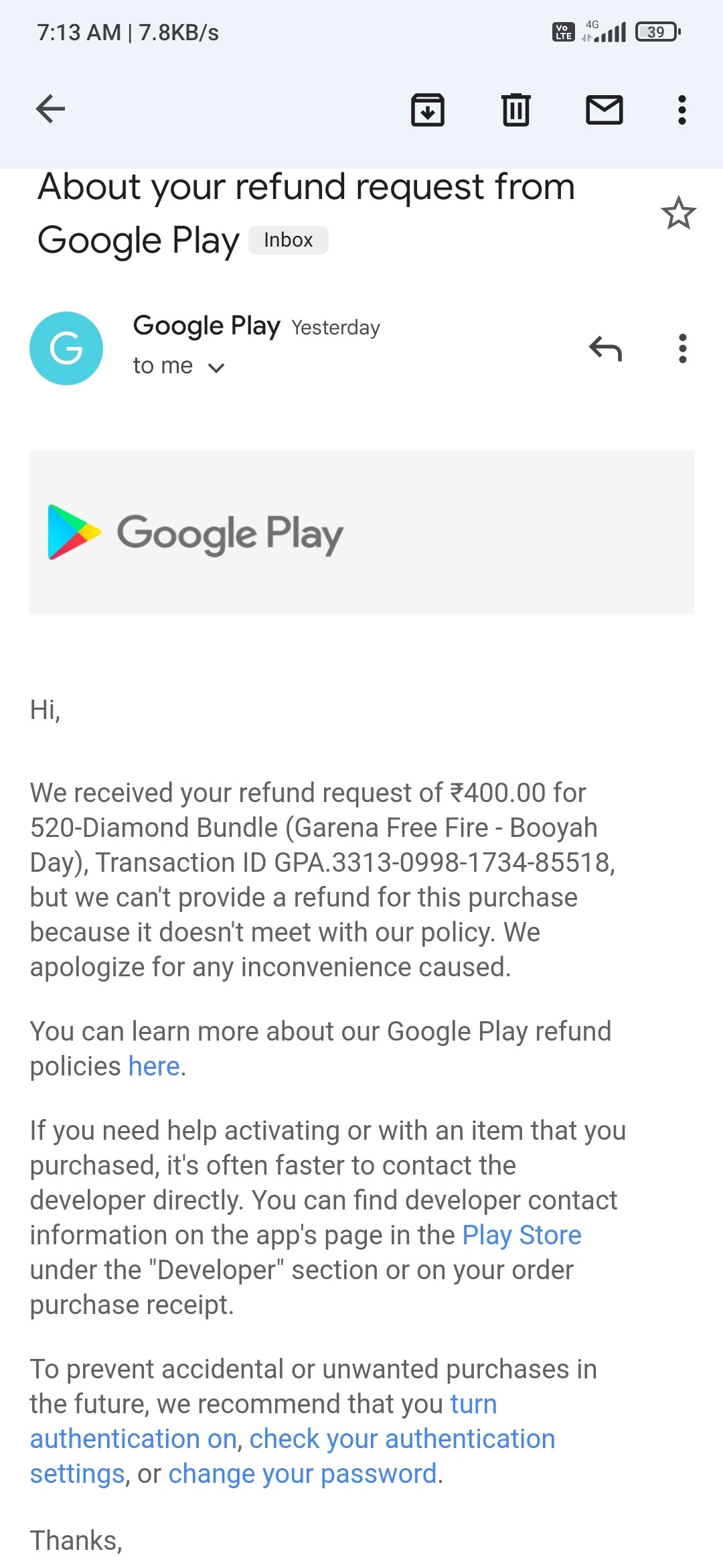 Non-refundable payment - Google Play Community