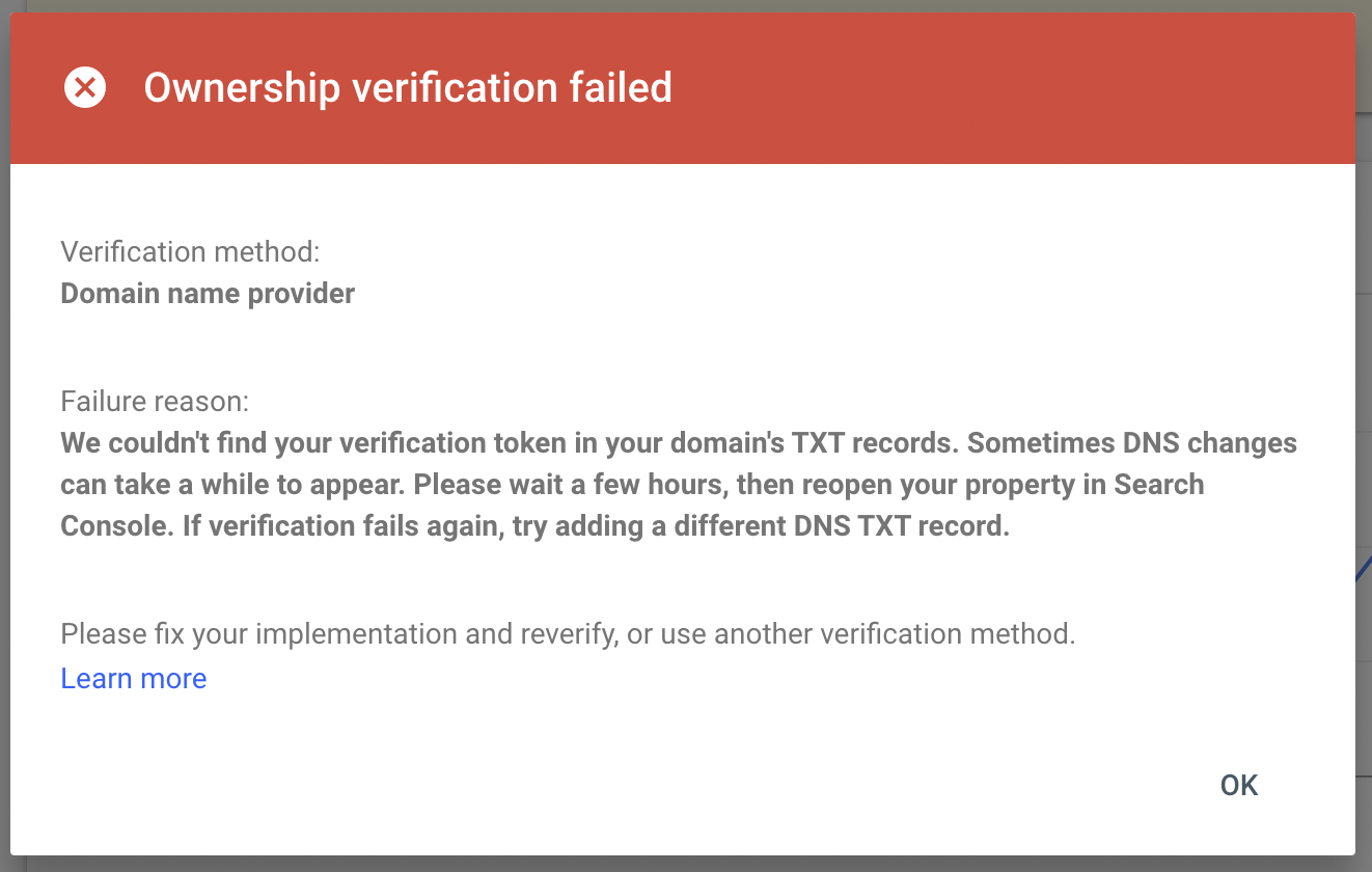 Failed to verify 1. Google fail. Verification failed. Запись txt: Google-site-verification=. Provider_failed.