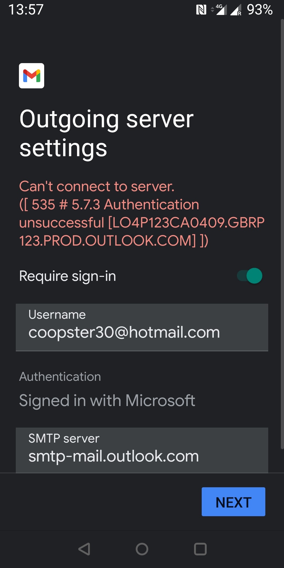 hotmail server settings for android phones