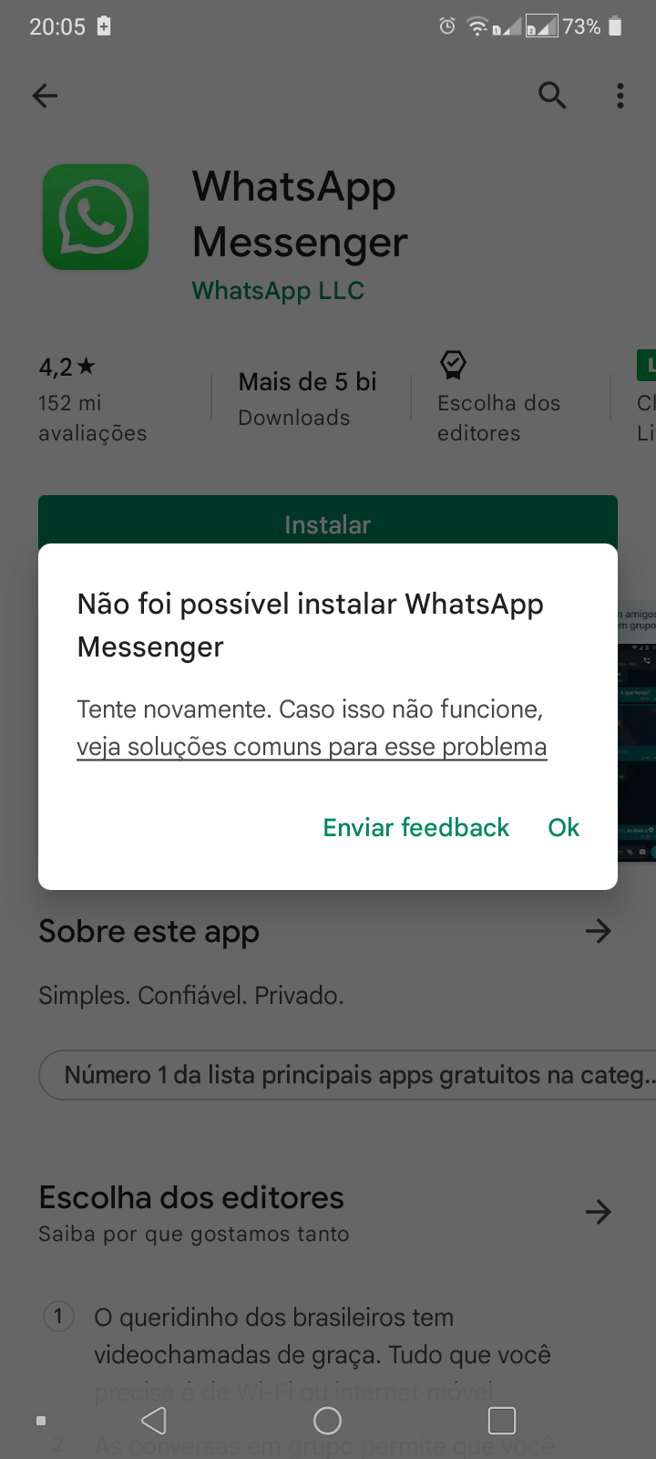 NÃO CONSIGO BAIXAR WHATSAPP NA PLAY STORE 