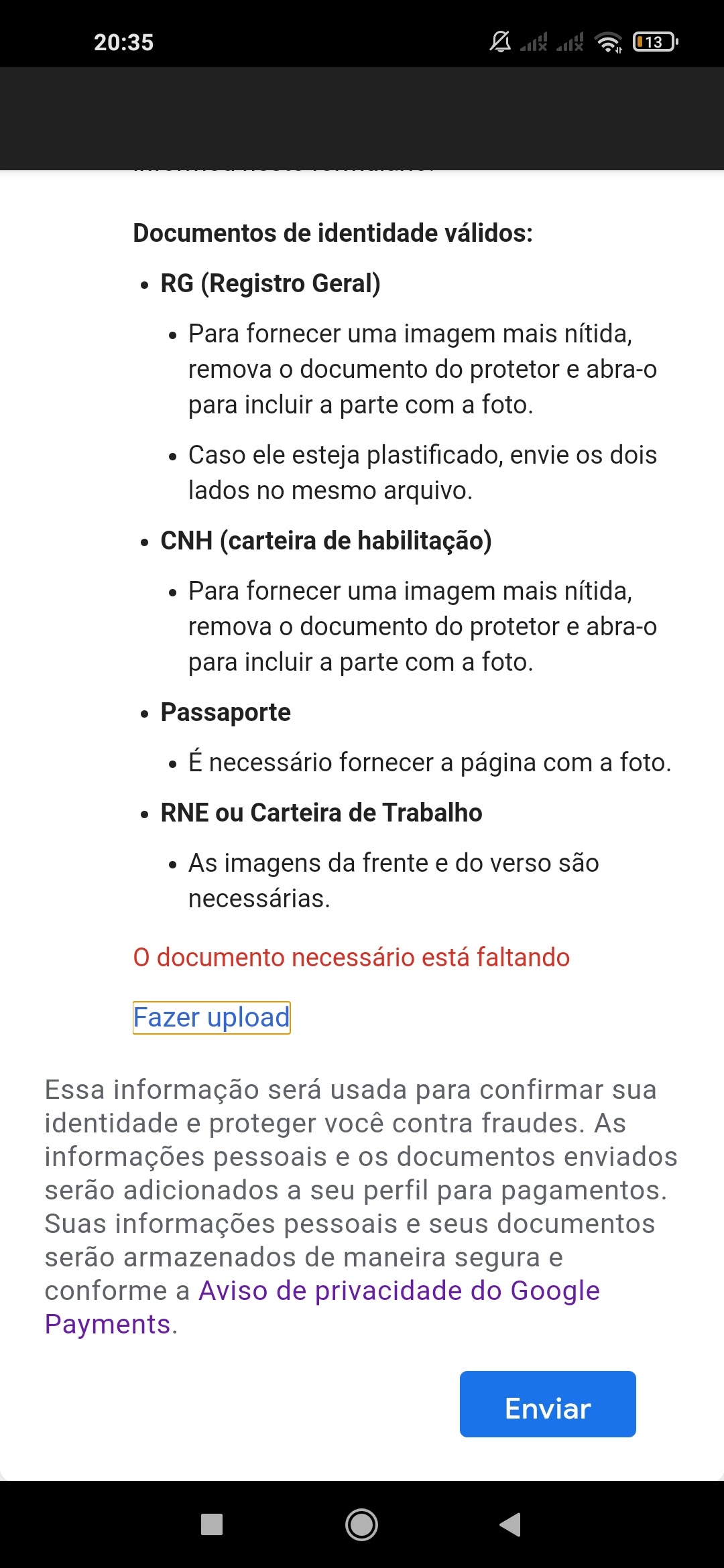 Não cnsg fazer upload dos doc ''A imagem que você enviou não