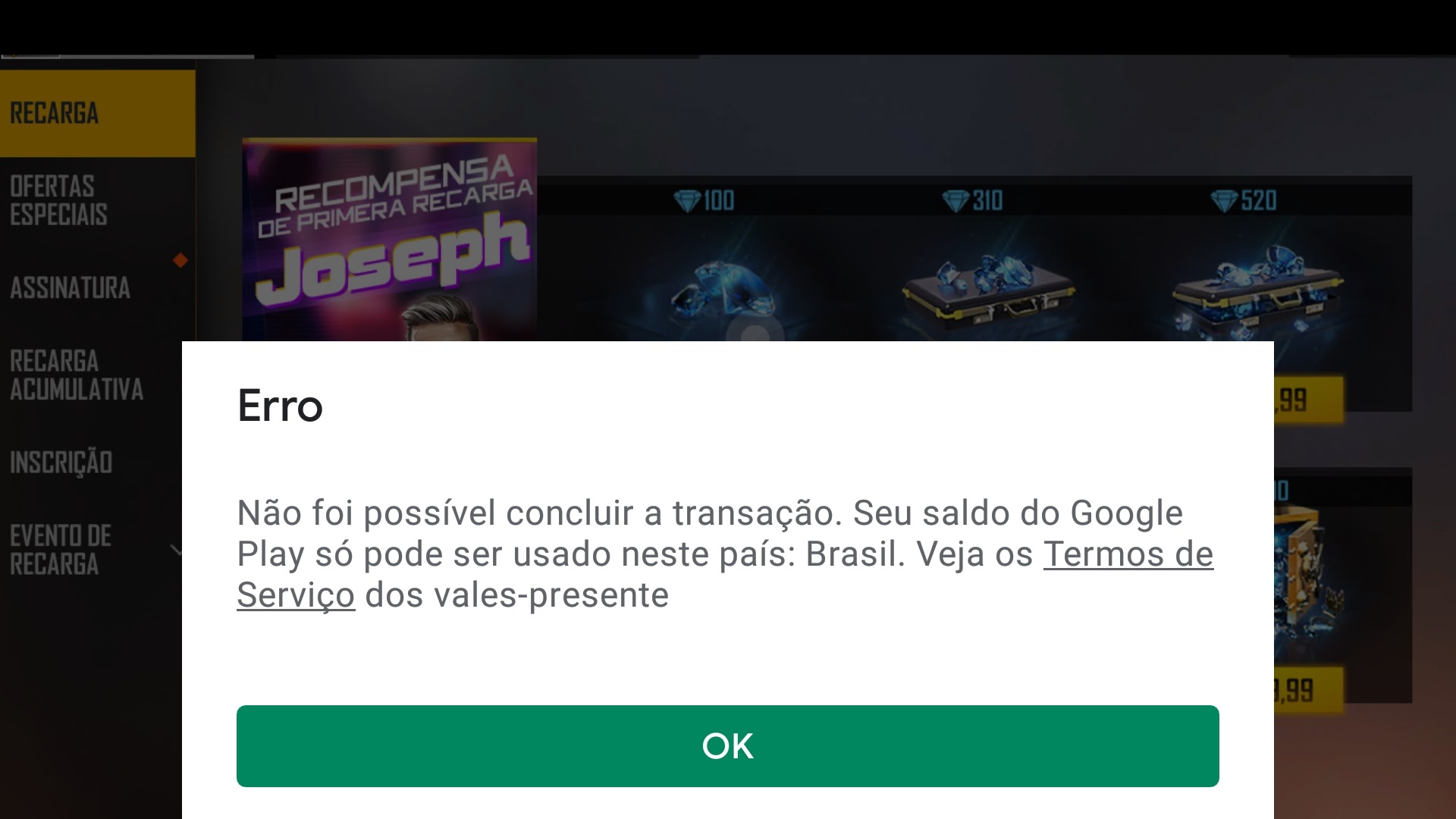 Erro ao comprar jogo no play store. Pedindo para confirmar o país