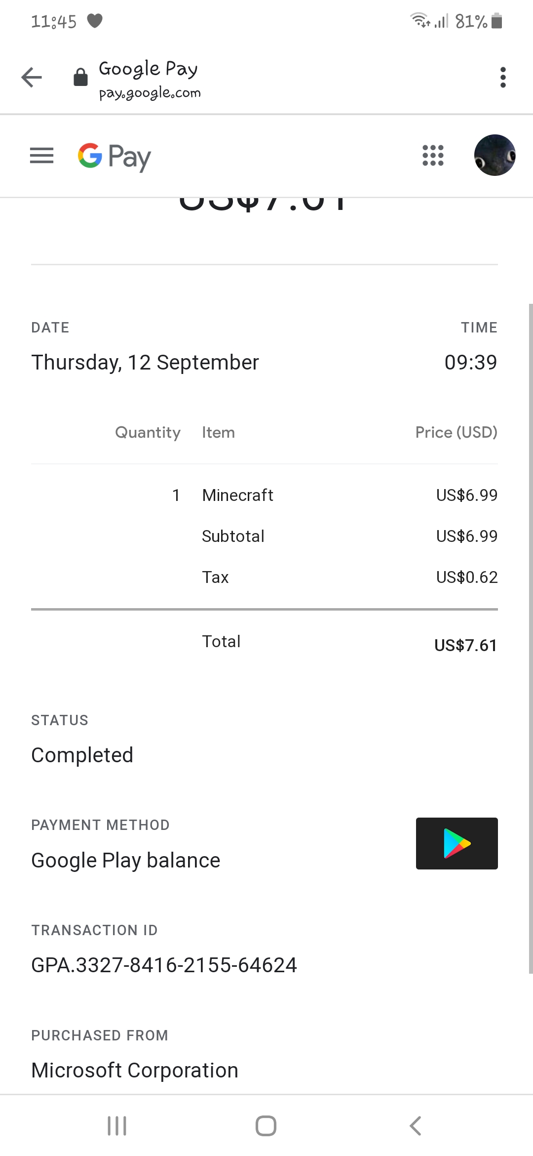 Minecraft refund: says refunded on google play store but I havent got the  money back - Google Play Community