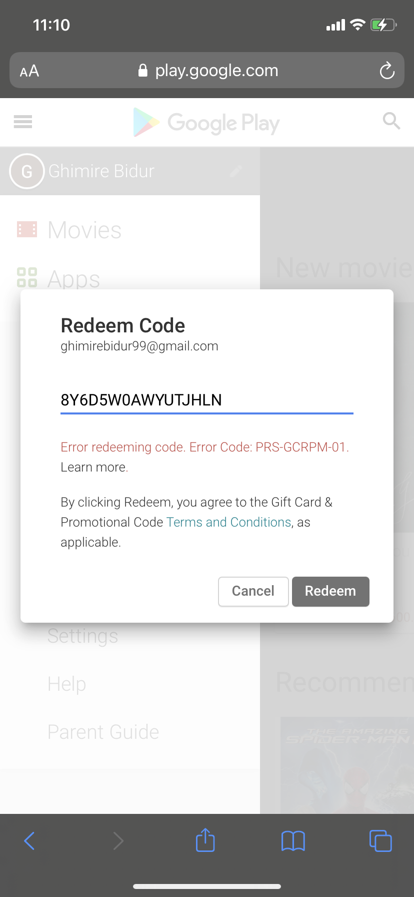 Error redeeming code. Error Code: PRS-GCRPM-01. - Google Play Community