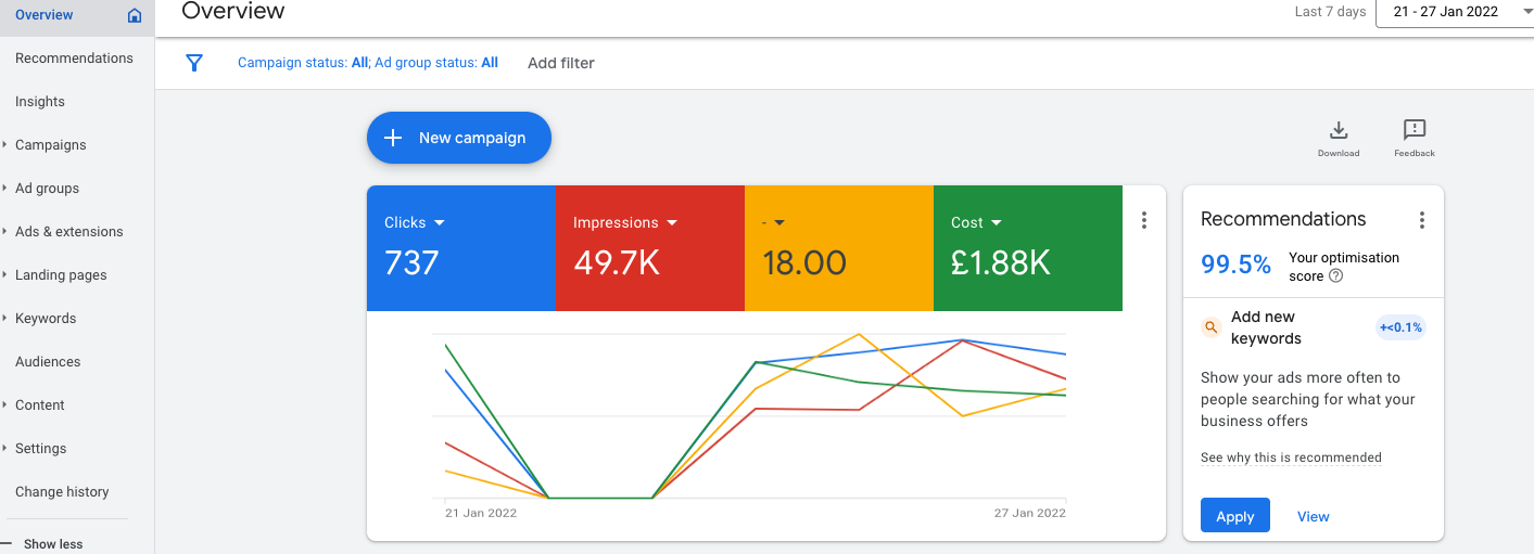 Google Ads kampanya performans arayüzü