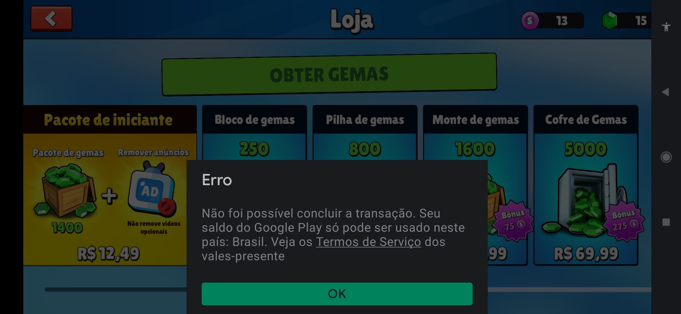 Estou há 2 dias tentando comprar produtos de um jogo online e não consigo.  - Comunidade Google Play